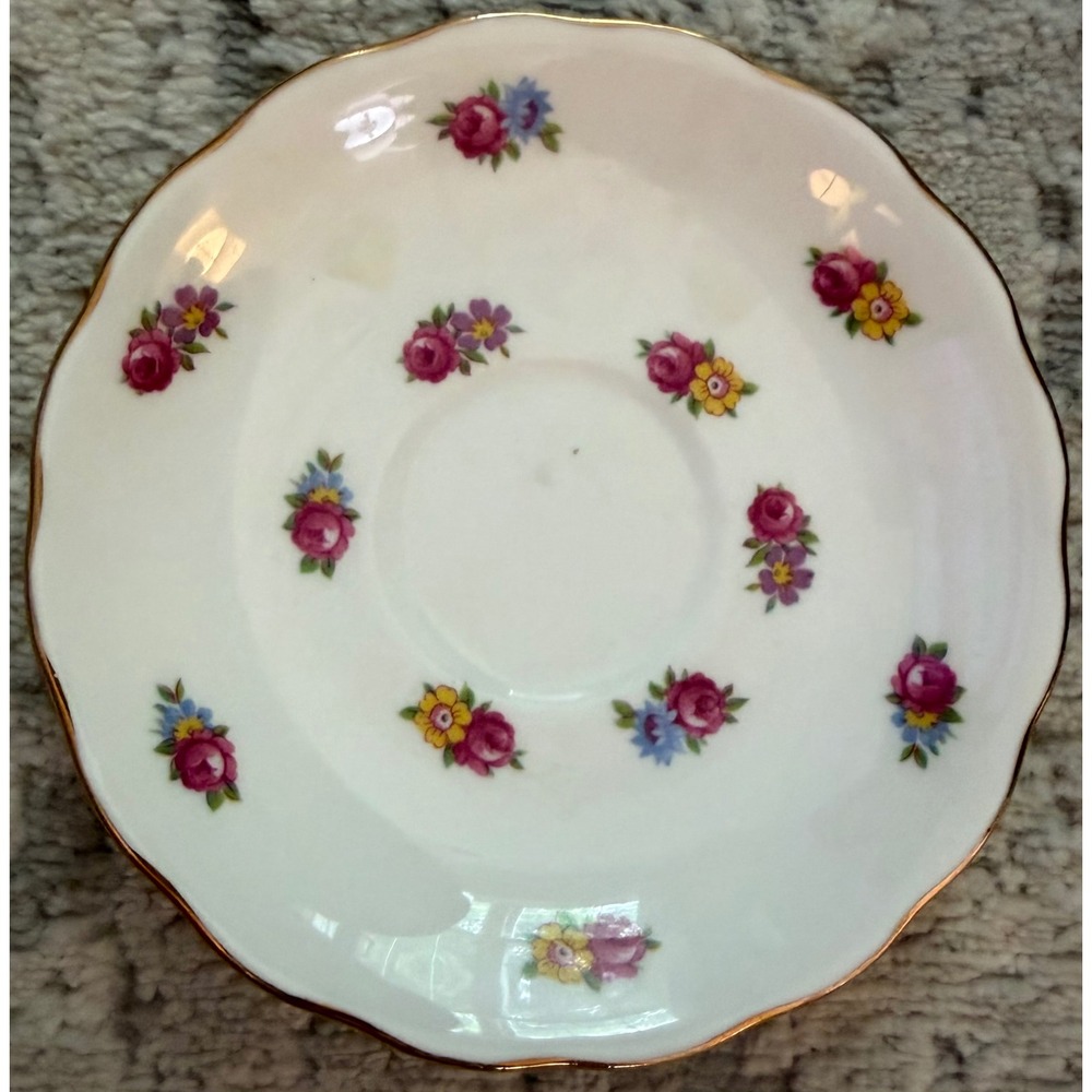 Royal Vale Bone China Saucer Vintage Floral Pink Scalloped Gold Trim England
